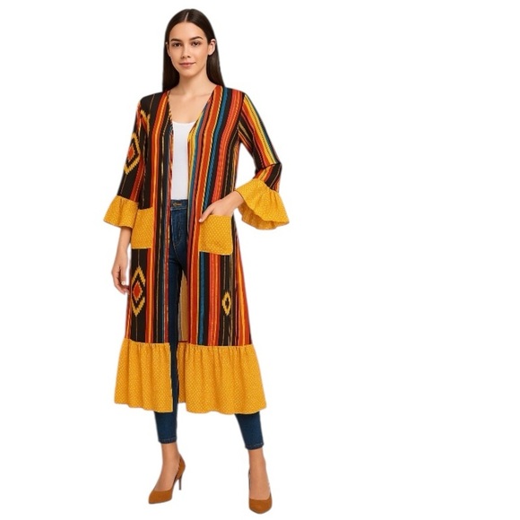 Multicolor Striped Bohemian Boho Hippie Bell Sleeve Kimono Duster Size L/XL - Picture 1 of 13